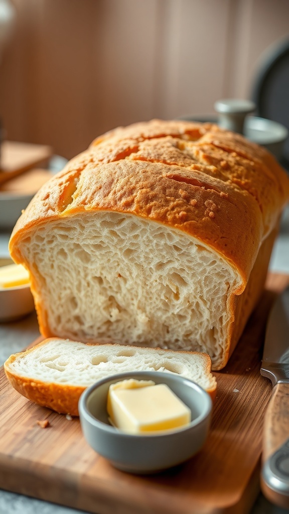 A golden brown loaf of no-yeast bread sliced on a wooden board with butter.